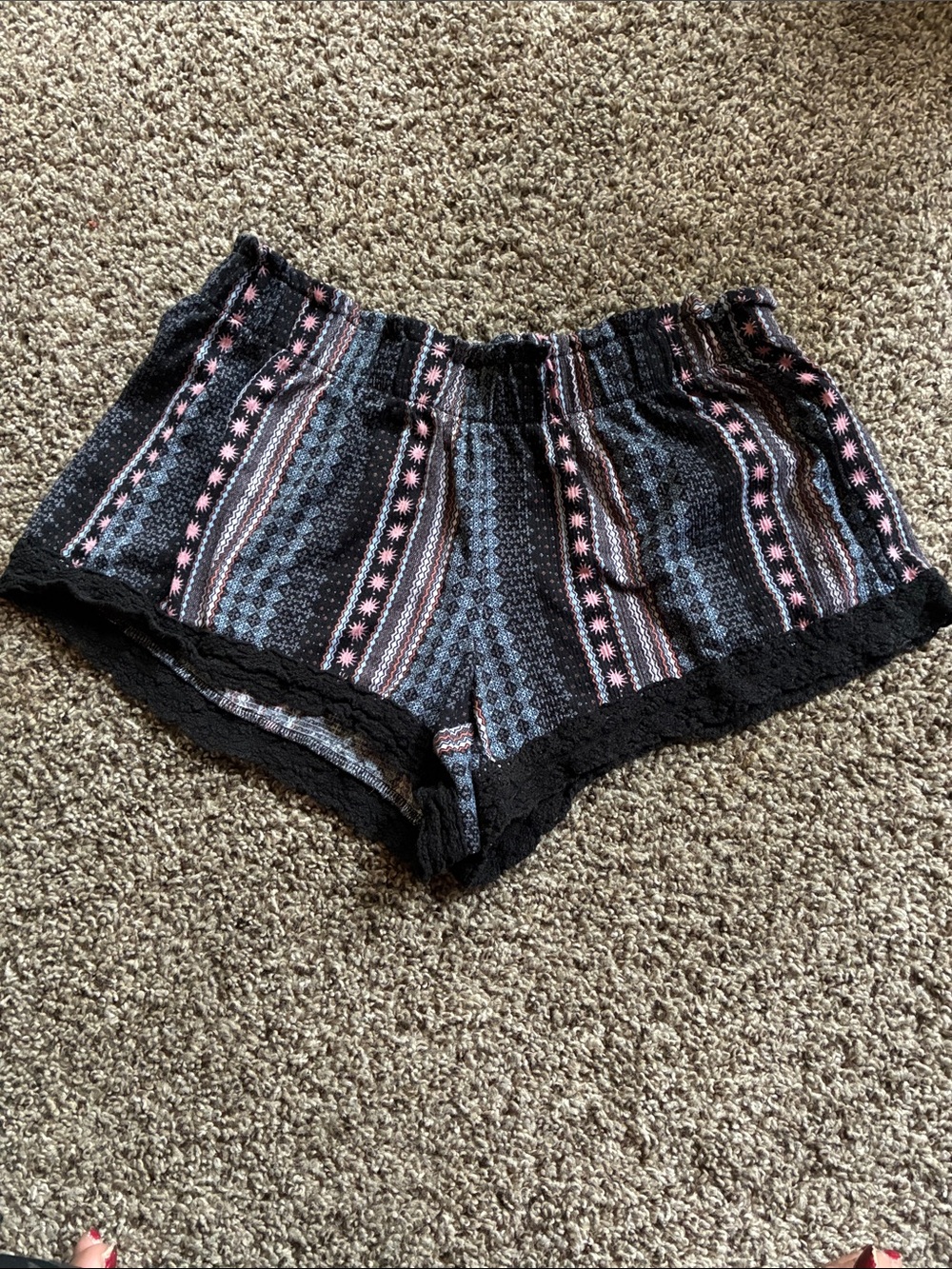 No Boundaries Black Striped Patterned Lounge Shorts with Pink Accents